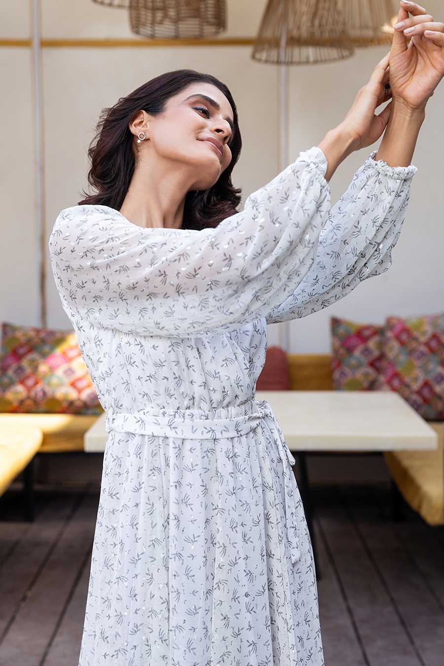 White Flairy Gathered Dress