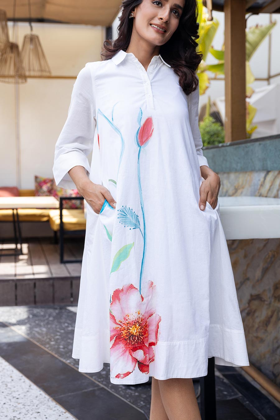 White Printed A-line Midi Dress
