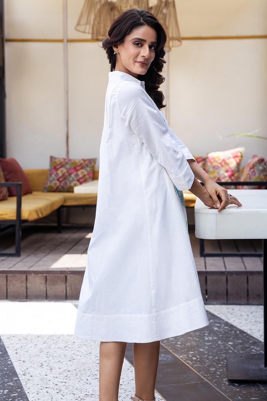 White Printed A-line Midi Dress