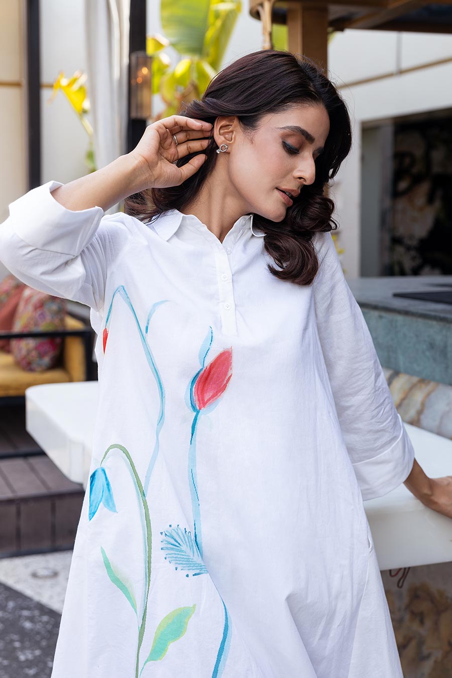 White Printed A-line Midi Dress