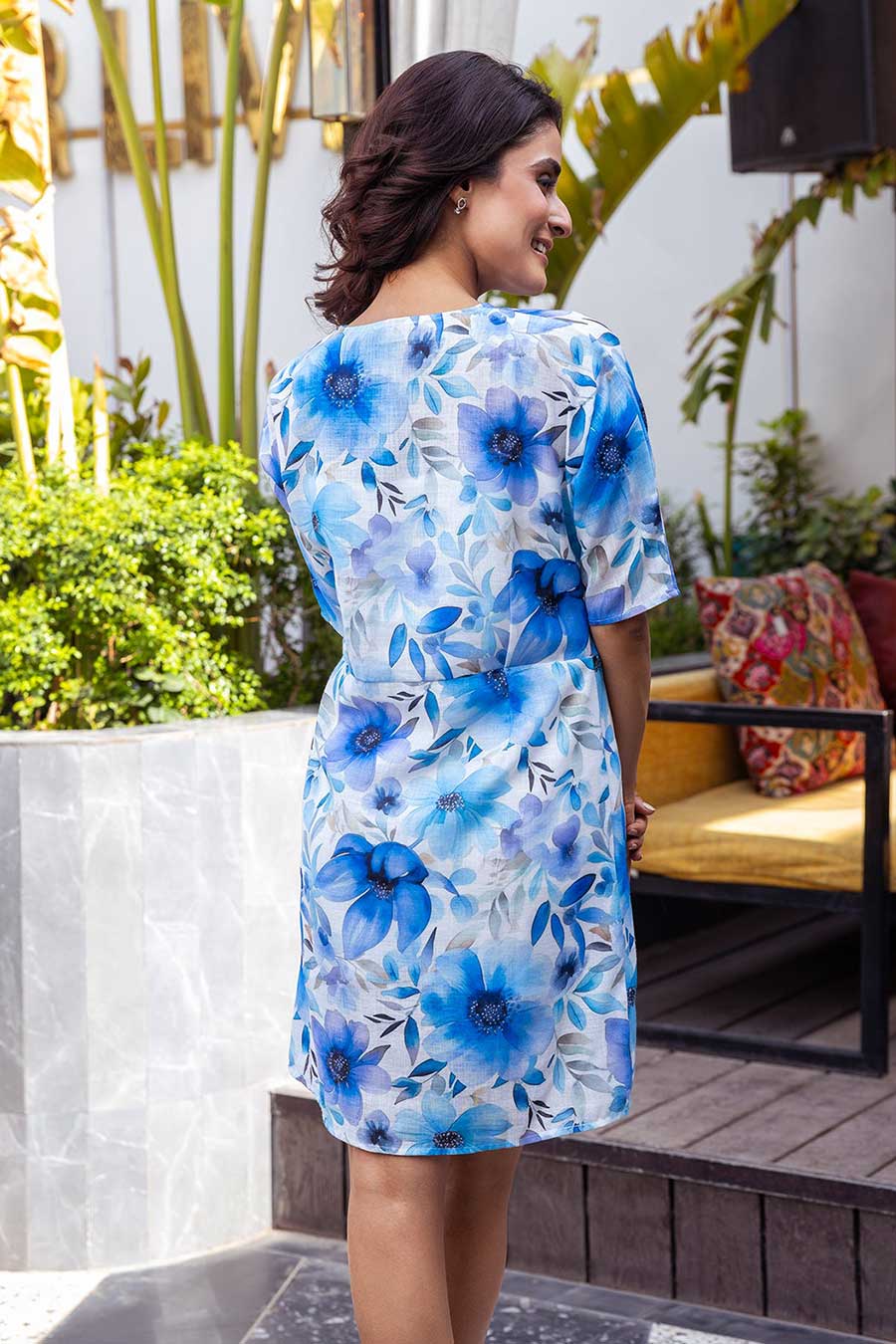 White & Blue Printed Mini Dress