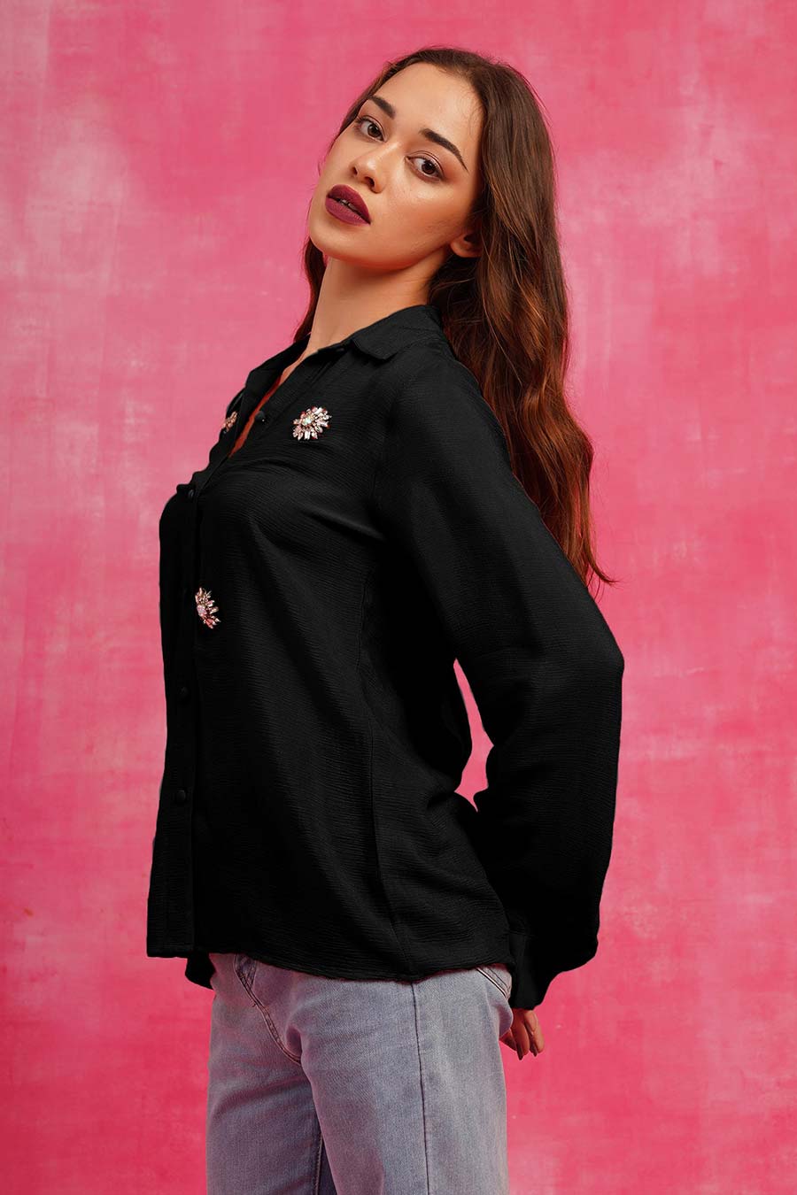 Black Hand-Embroidered Shirt