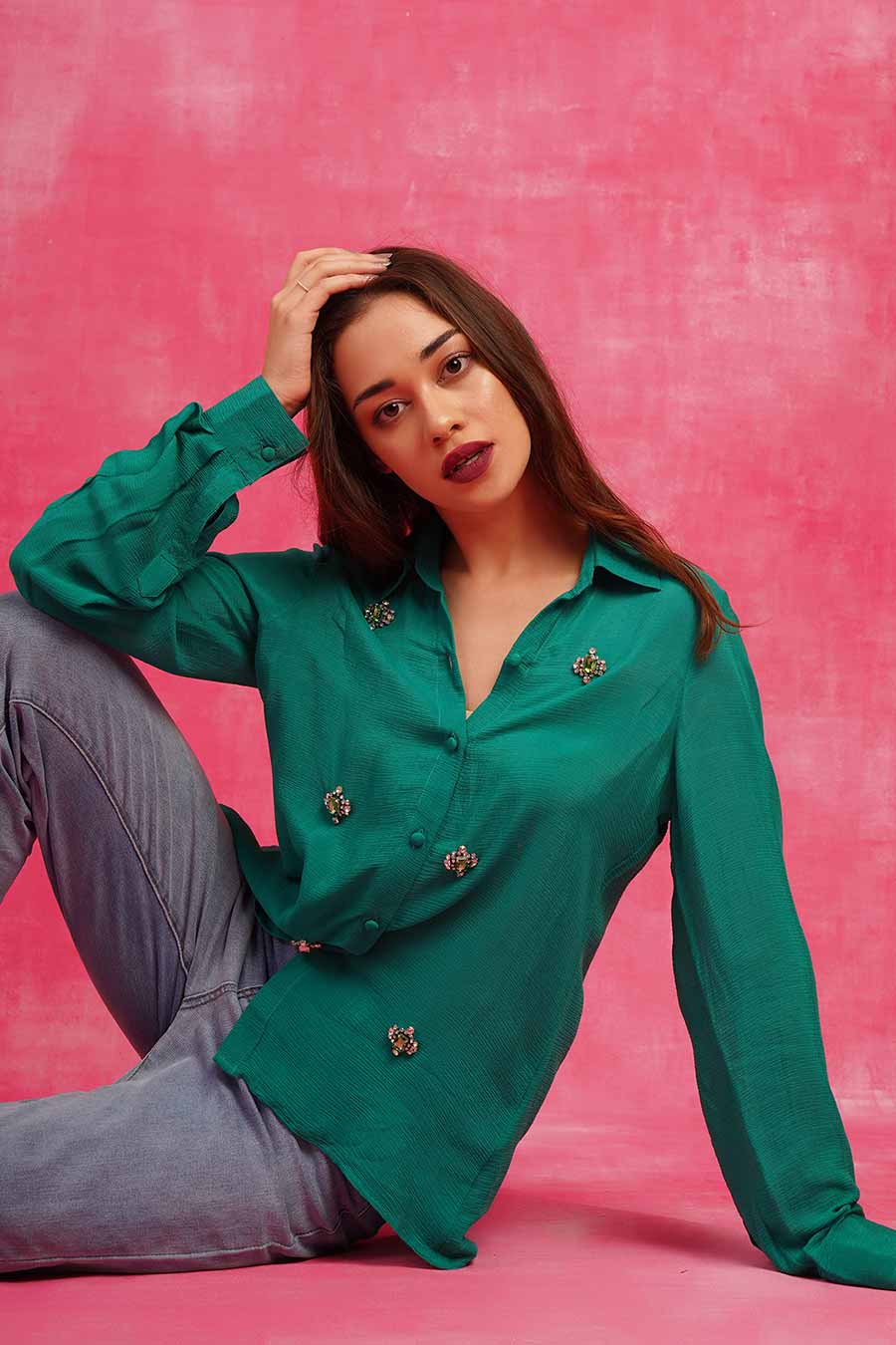 Green Hand-Embroidered Shirt