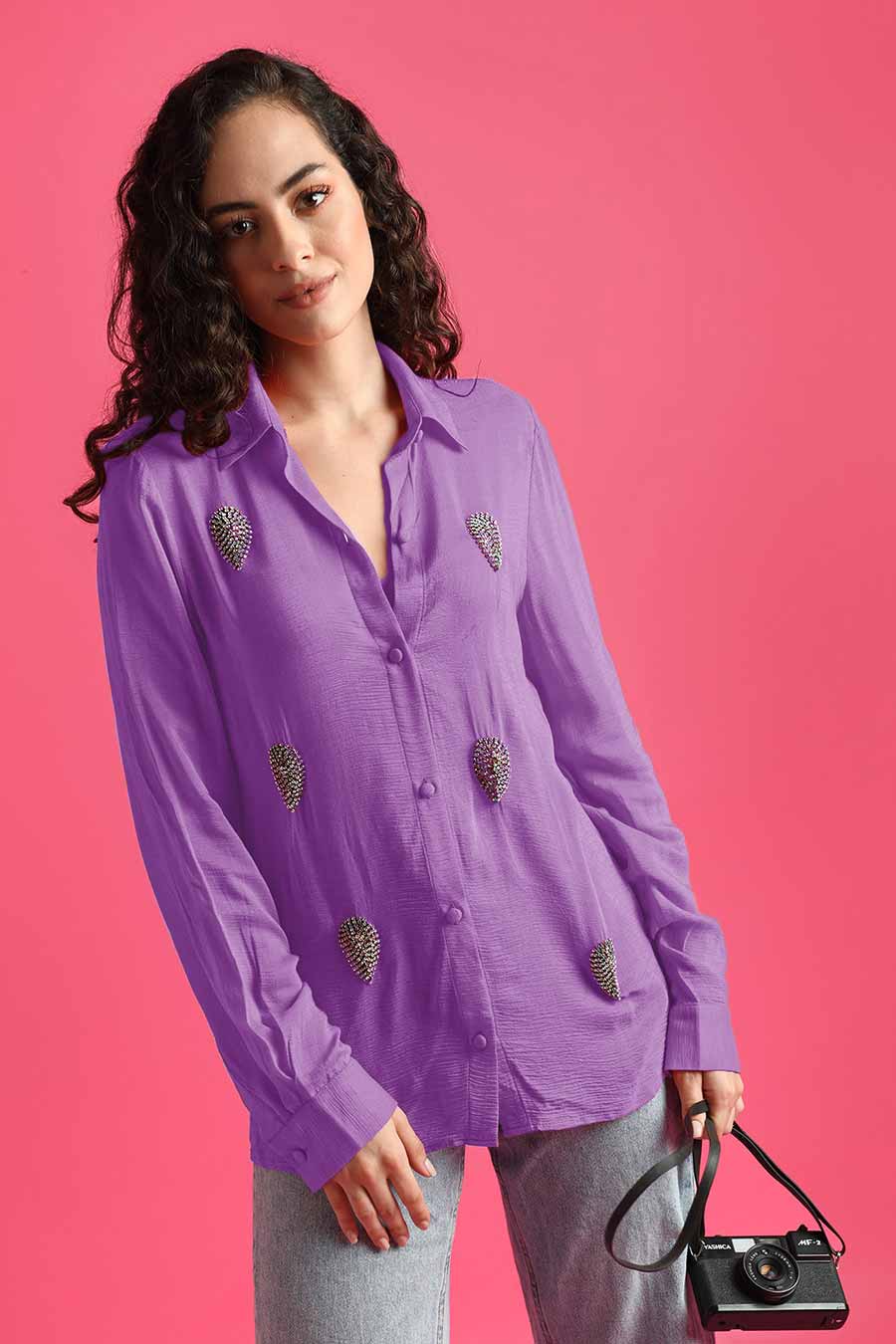 Lavender Leaf-Embroidered Shirt