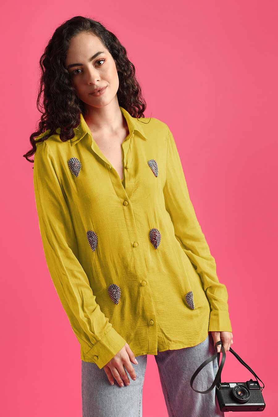 Yellow Leaf-Embroidered Shirt