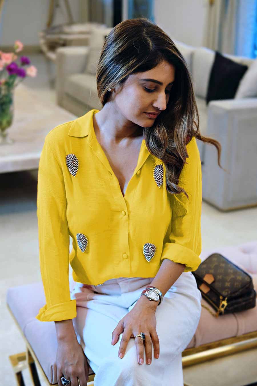 Yellow Leaf-Embroidered Shirt