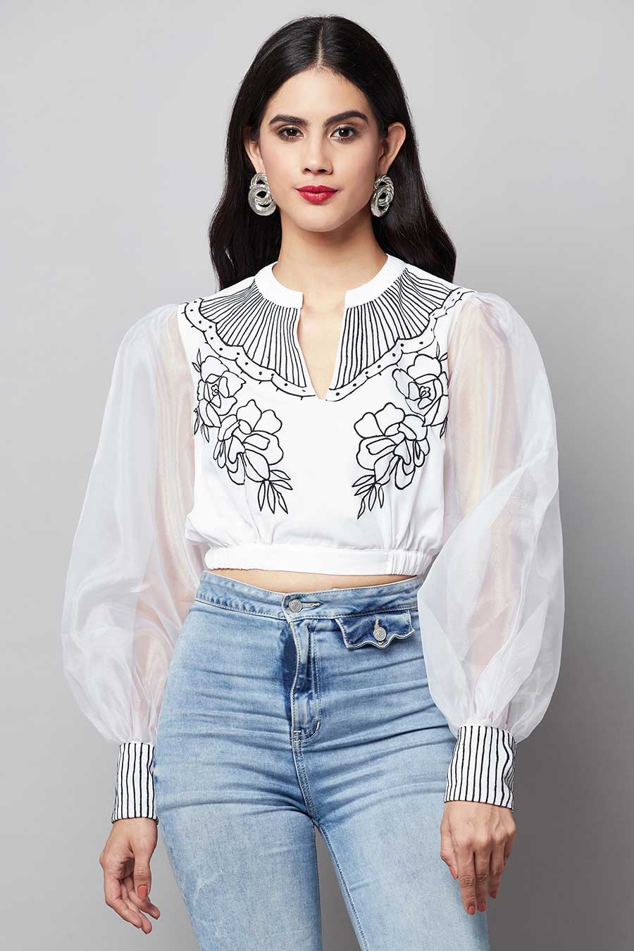 White Embroidered Crop Top