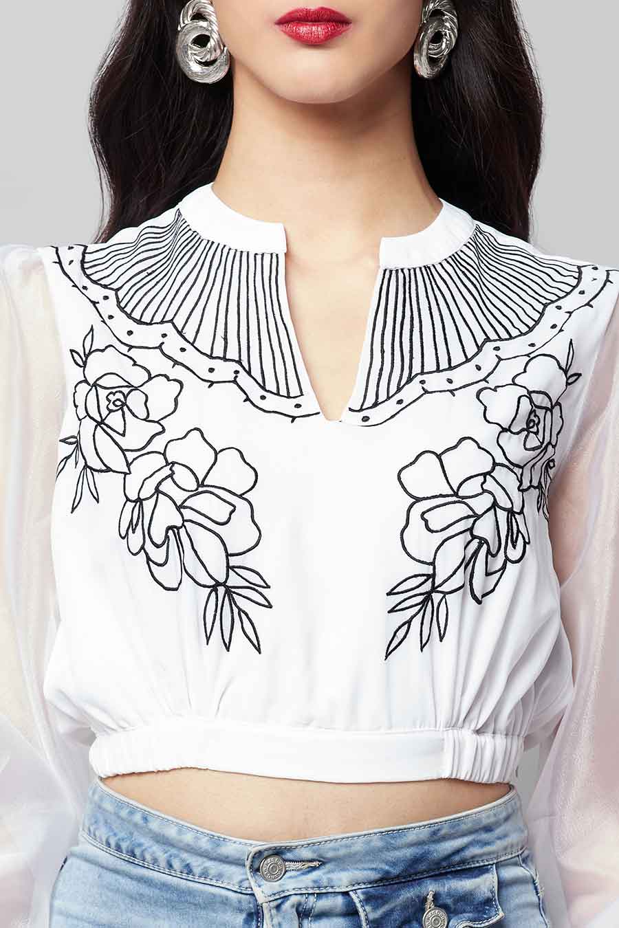 White Embroidered Crop Top