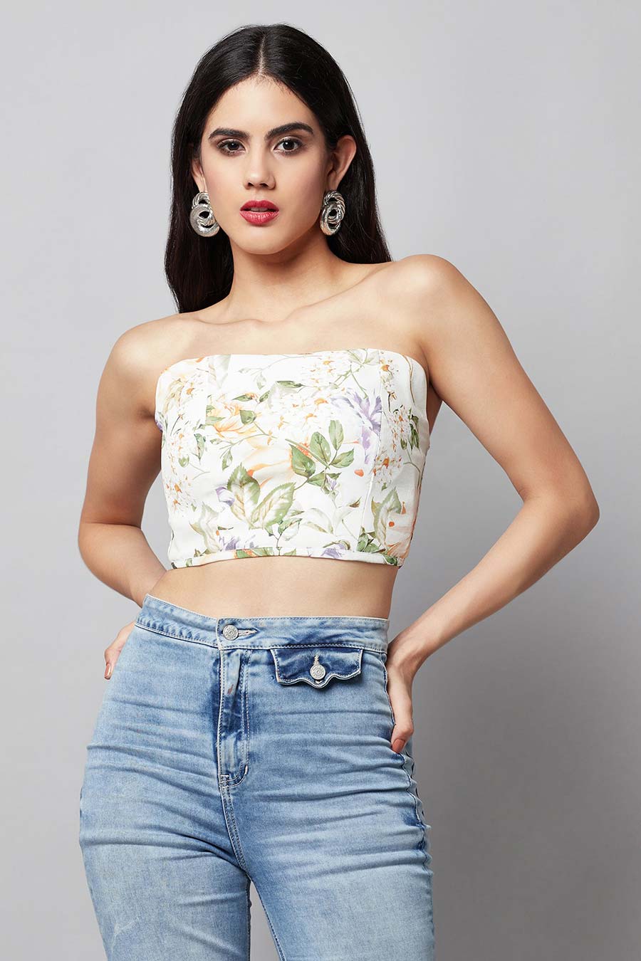 White Printed Off-Shoulder Crop Top