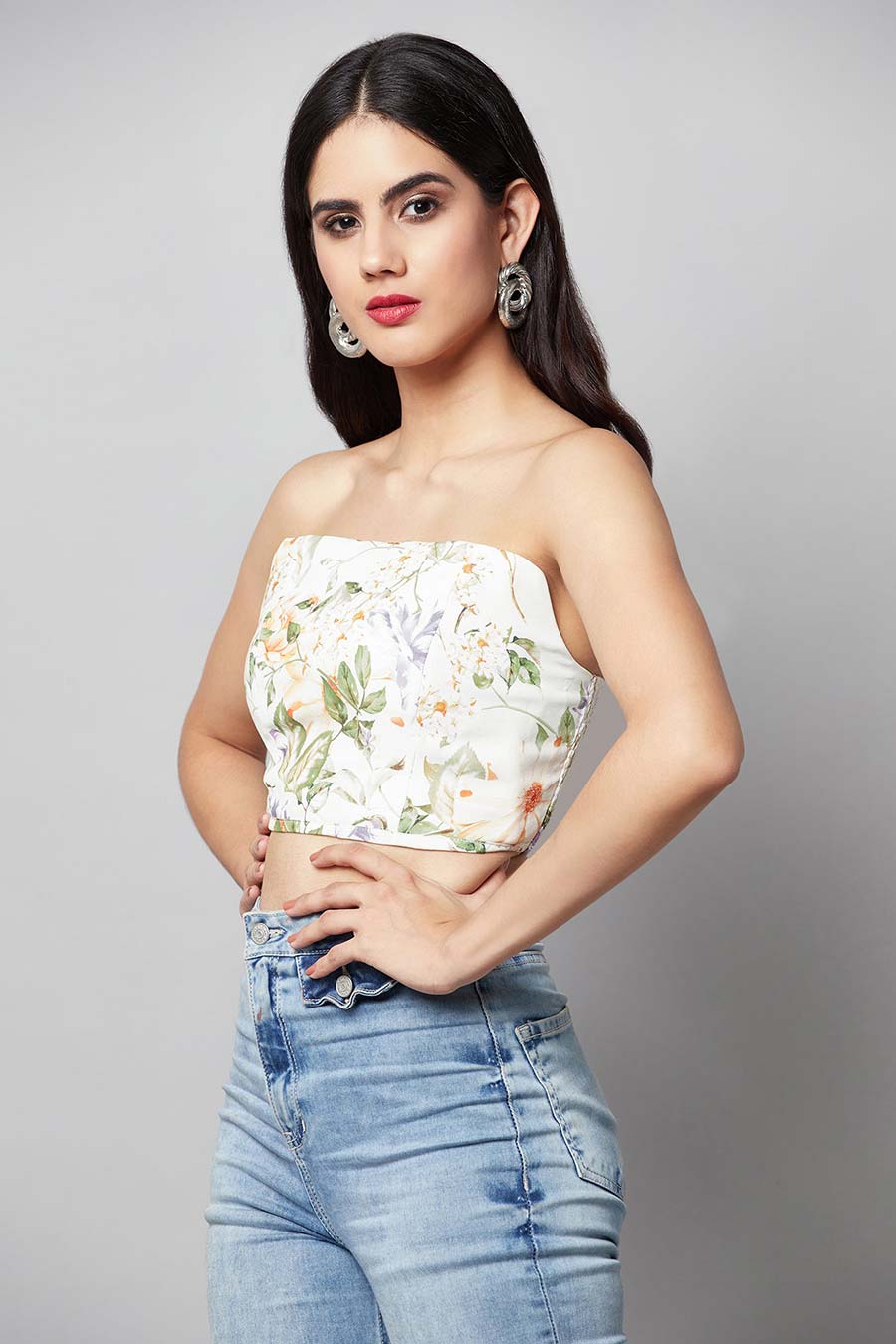 White Printed Off-Shoulder Crop Top