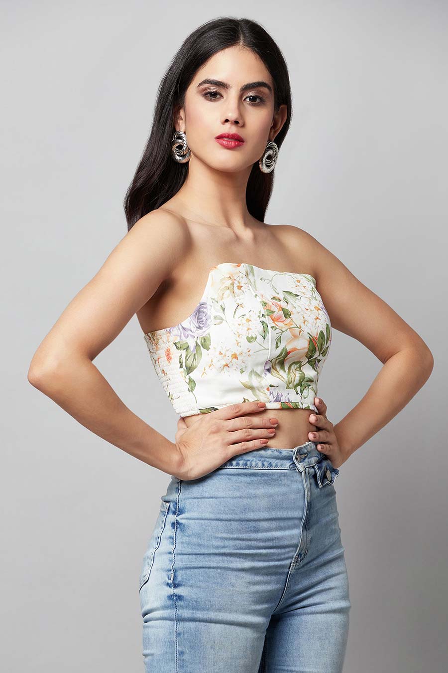 White Printed Off-Shoulder Crop Top