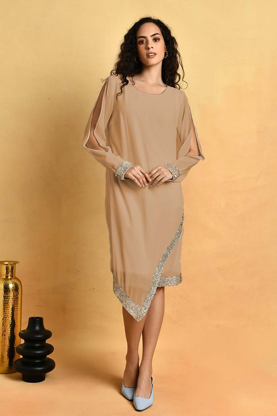 Brown Asymmetric Embroidered Dress