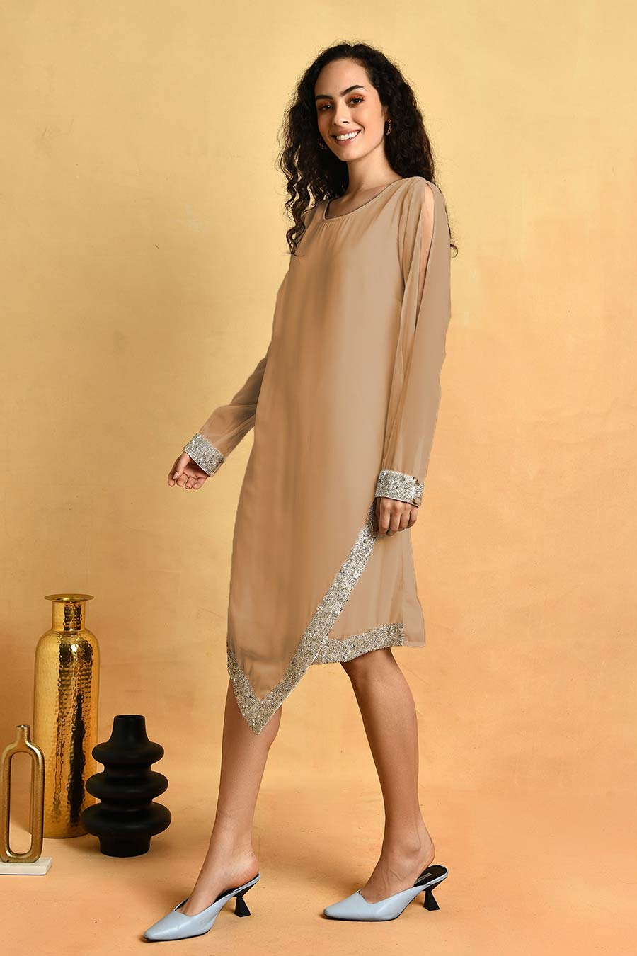 Brown Asymmetric Embroidered Dress