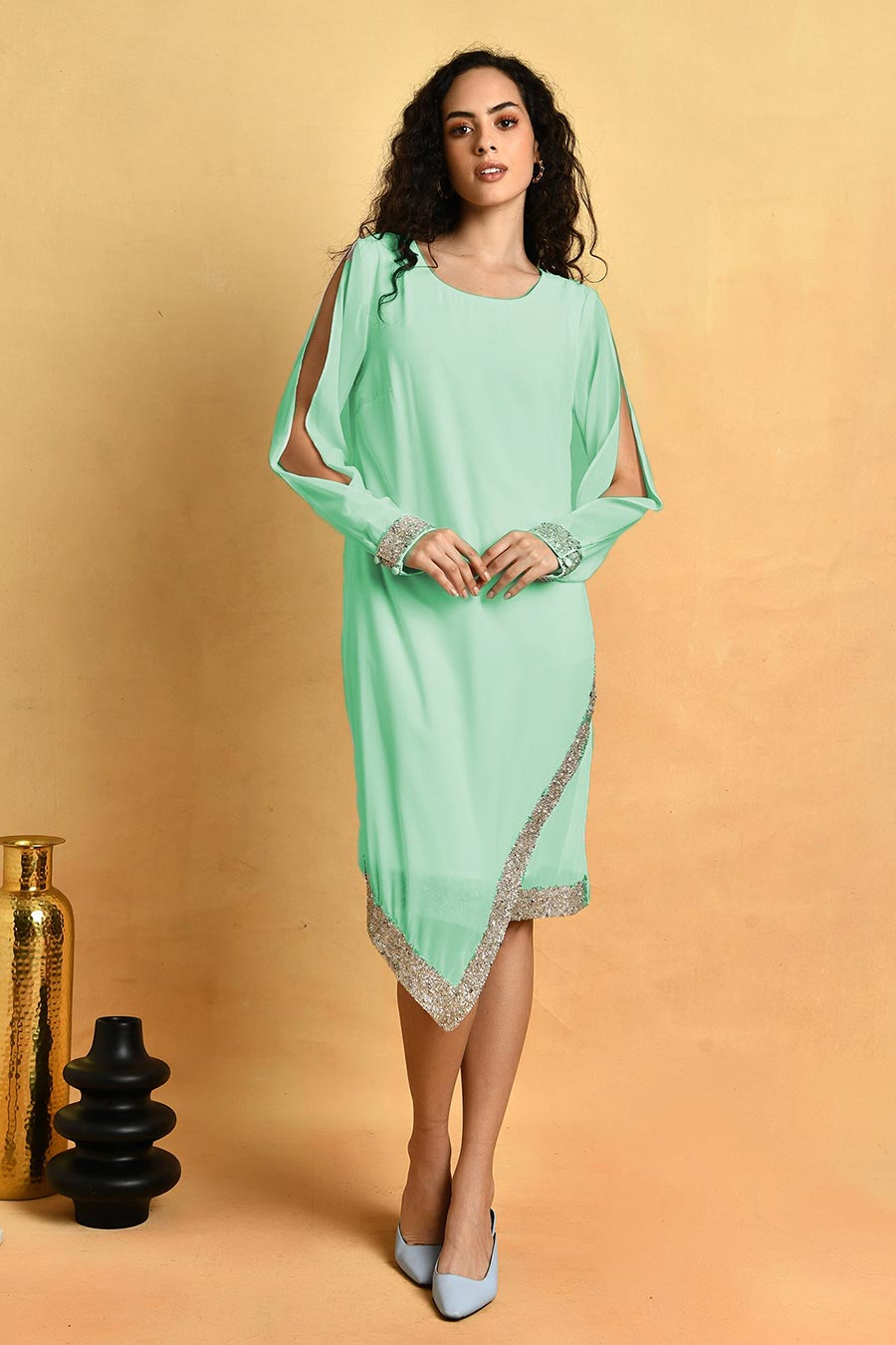 Green Asymmetric Embroidered Dress