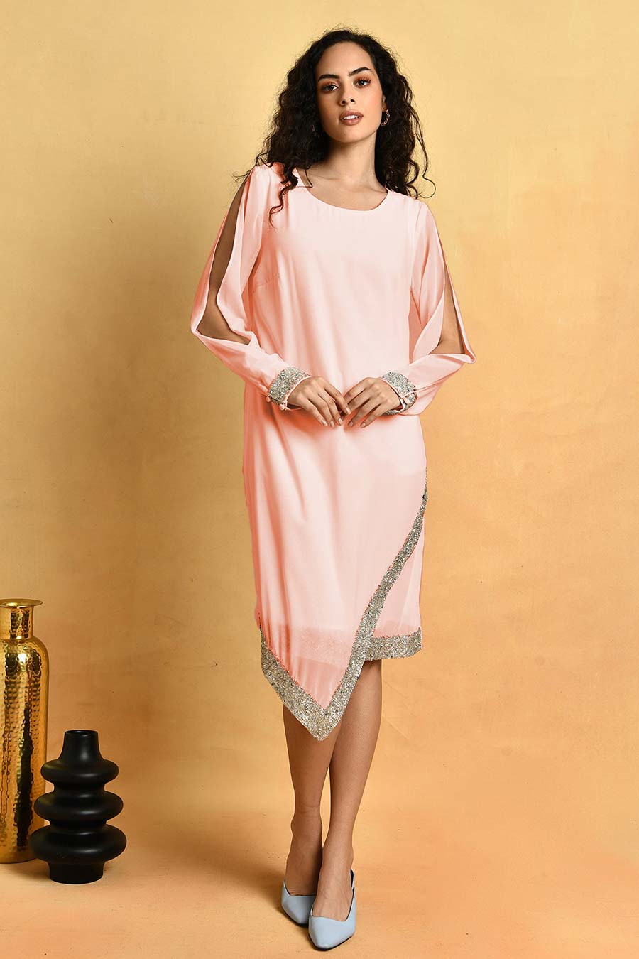 Pink Asymmetric Embroidered Dress