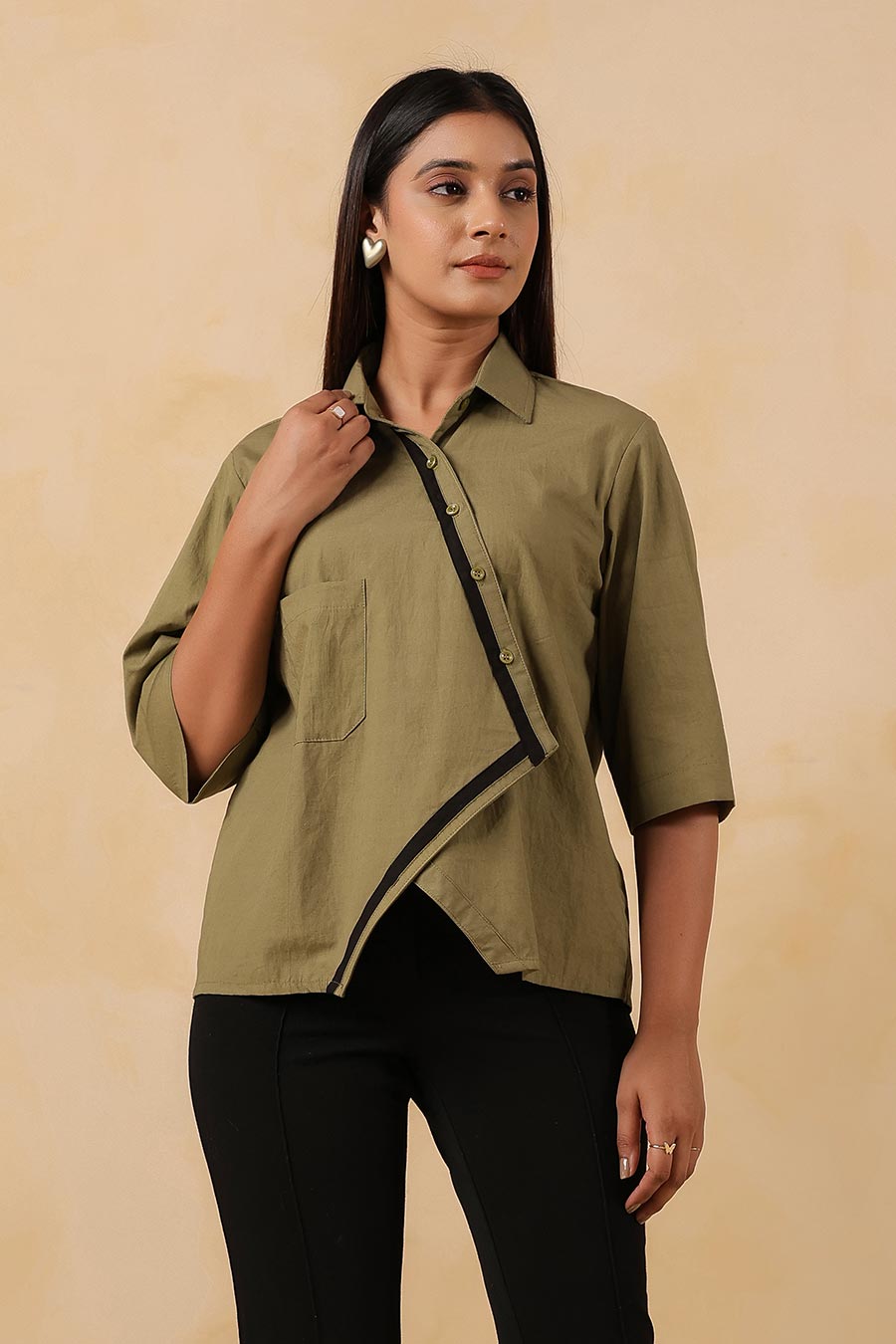 Olive Green Cotton Overlap Shirt