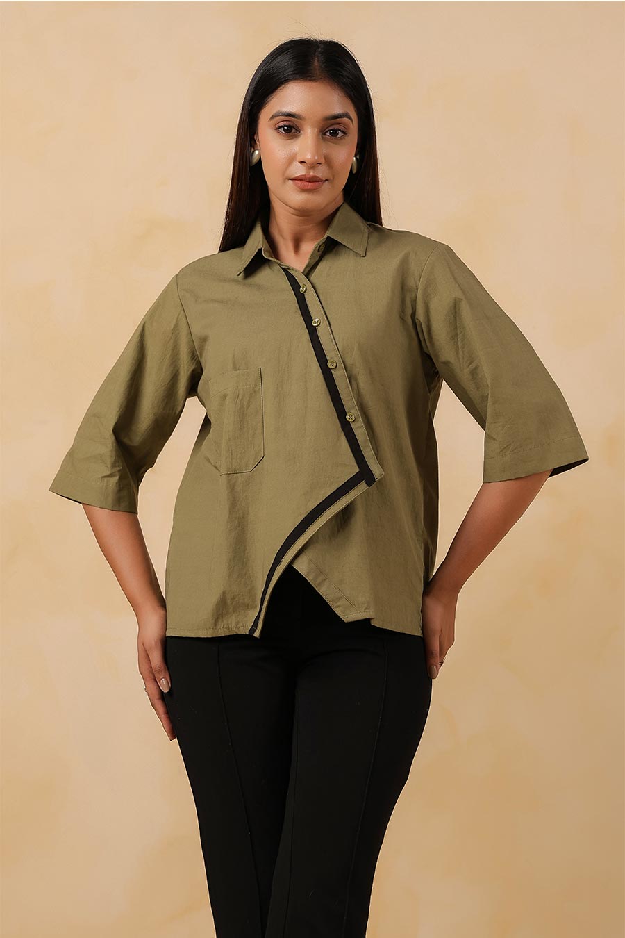 Olive Green Cotton Overlap Shirt
