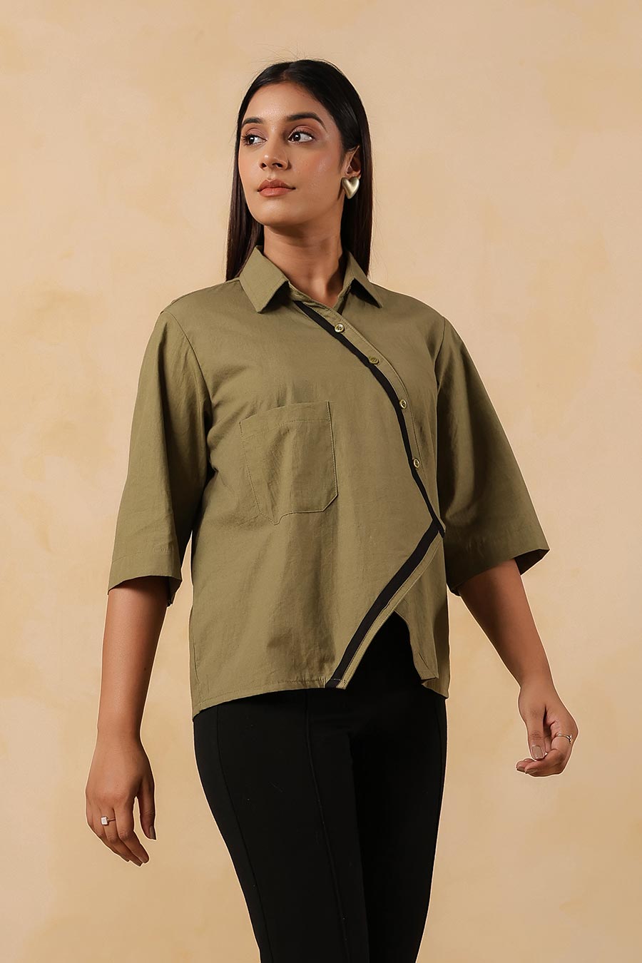 Olive Green Cotton Overlap Shirt