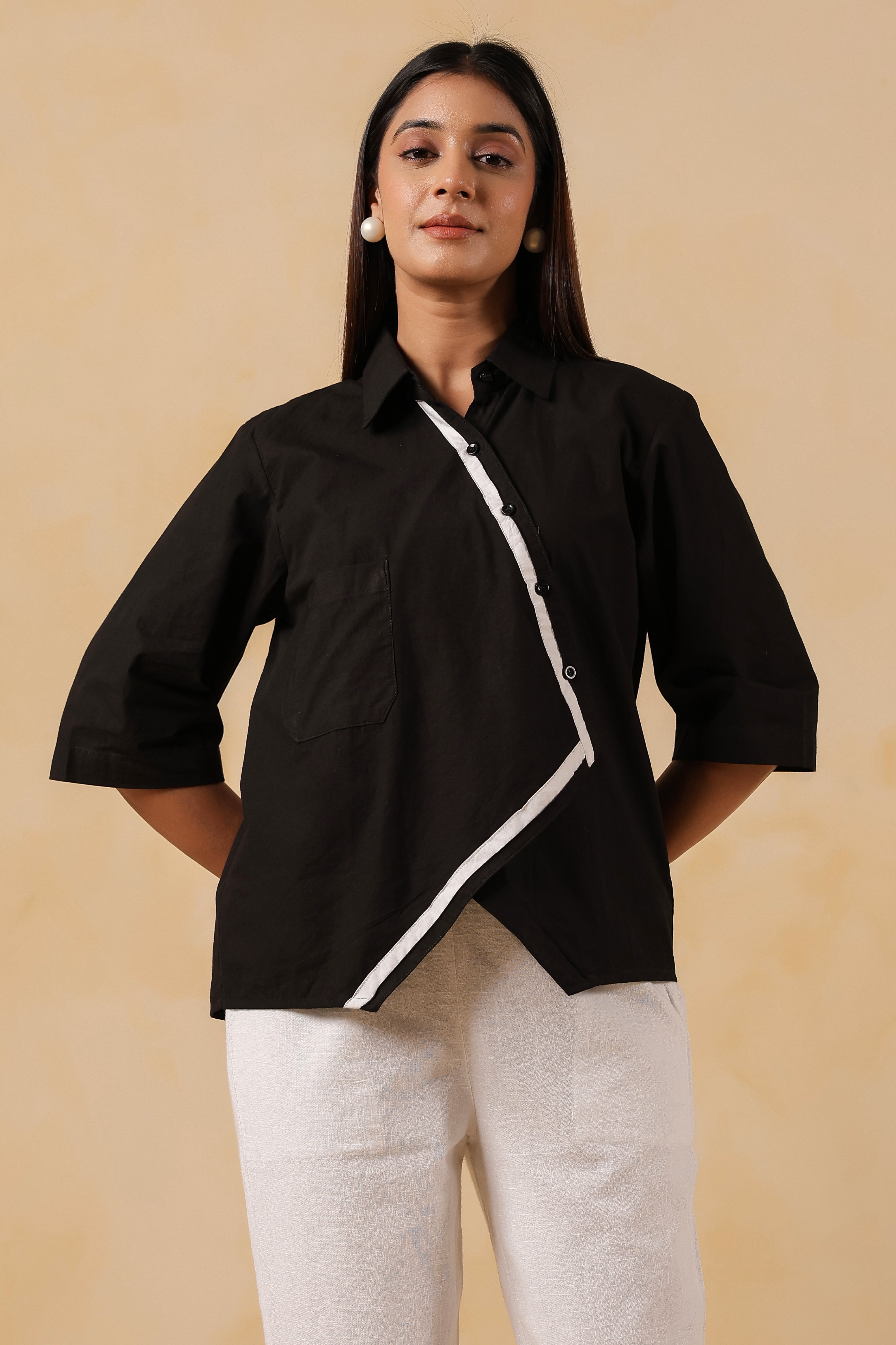 Black Cotton Overlap Shirt