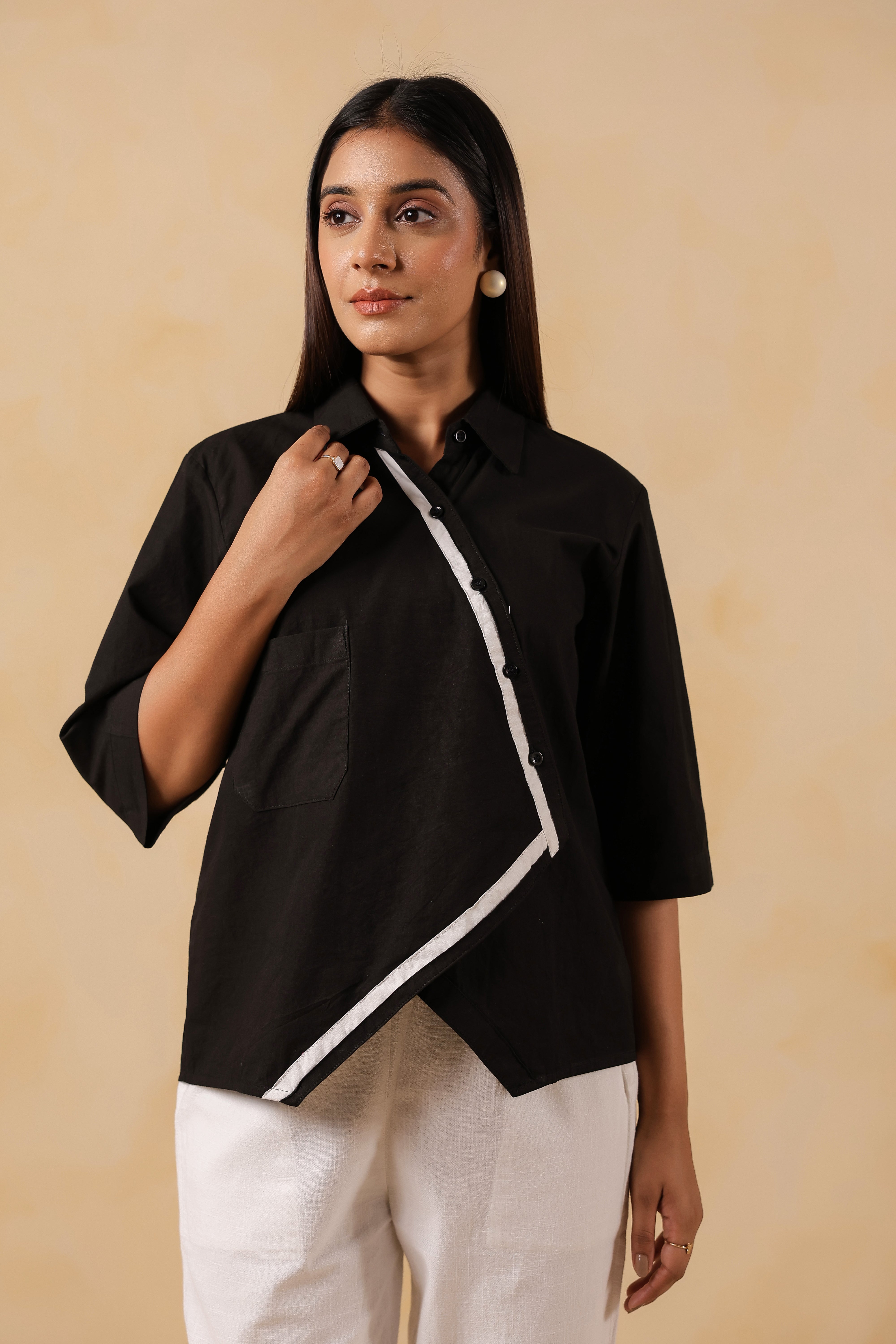 Black Cotton Overlap Shirt