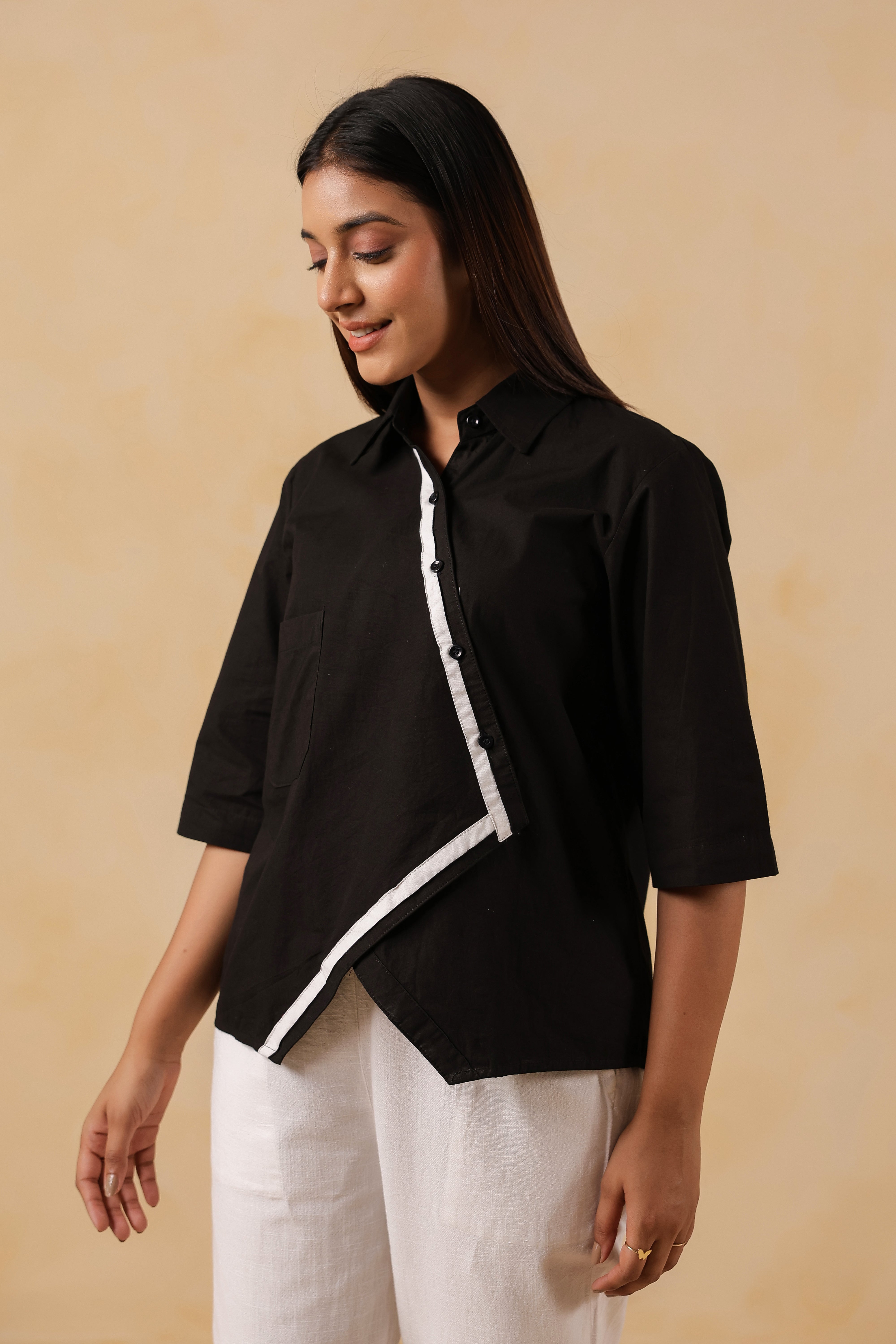 Black Cotton Overlap Shirt