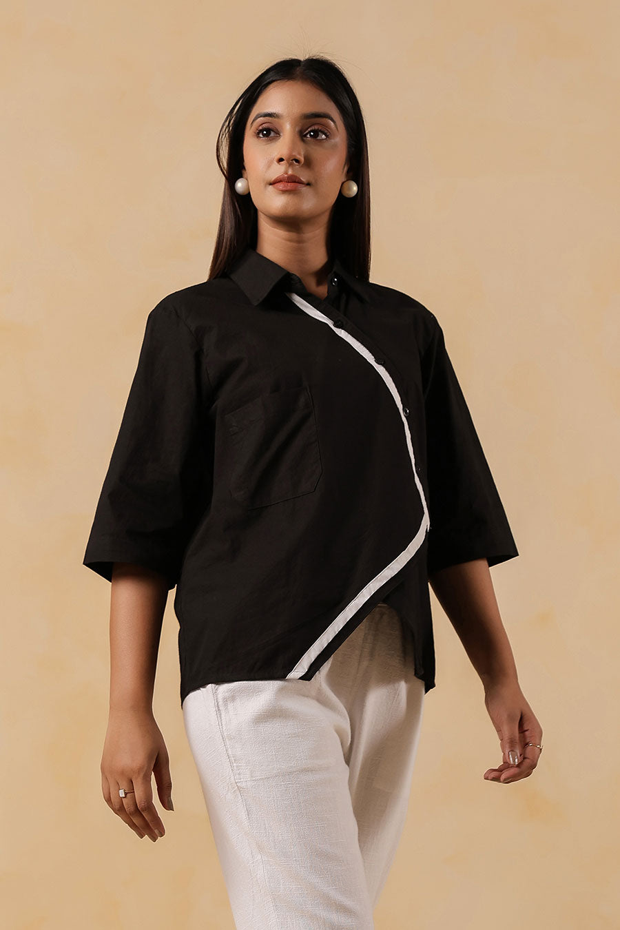 Black Cotton Overlap Shirt