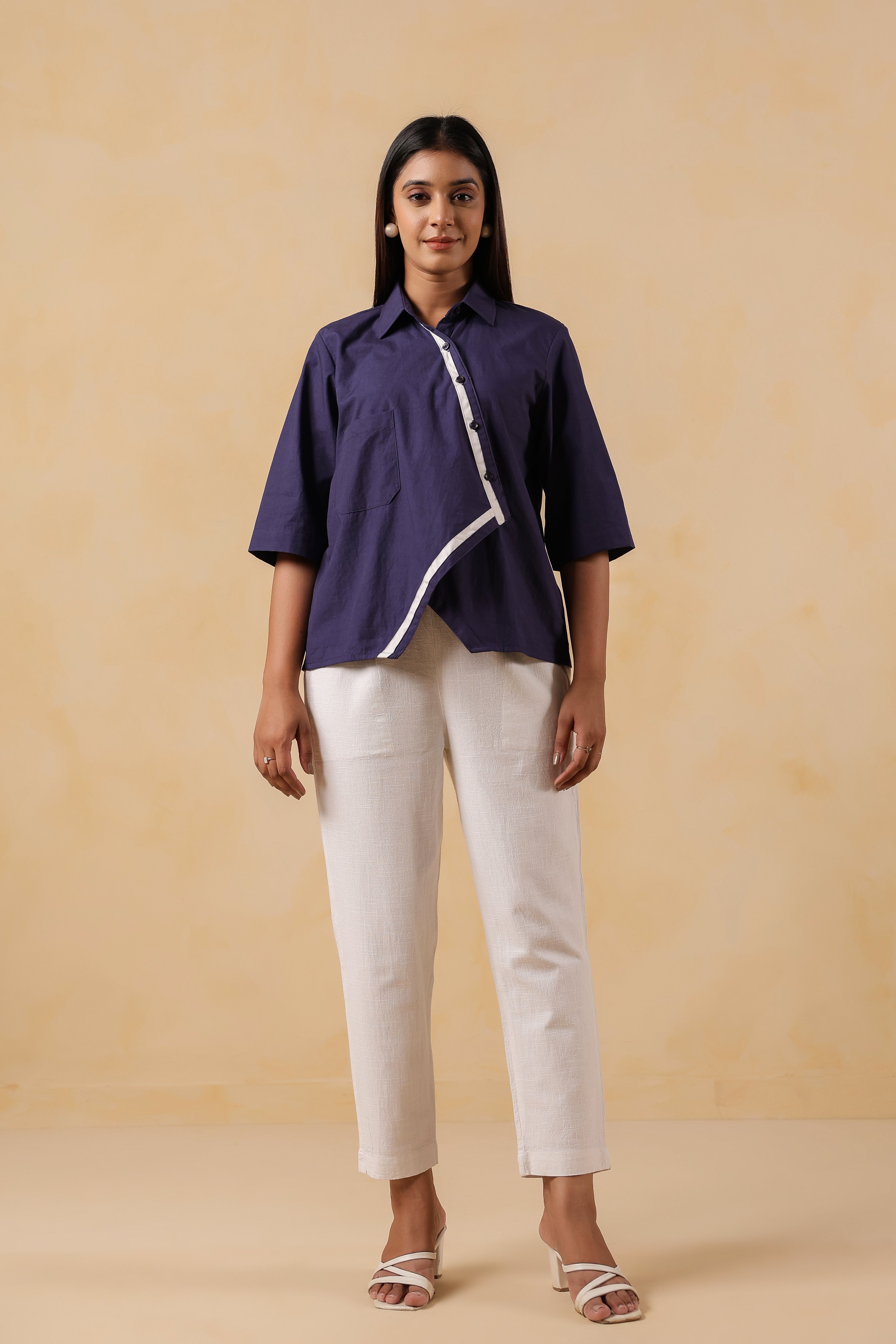 Navy Blue Cotton Overlap Shirt