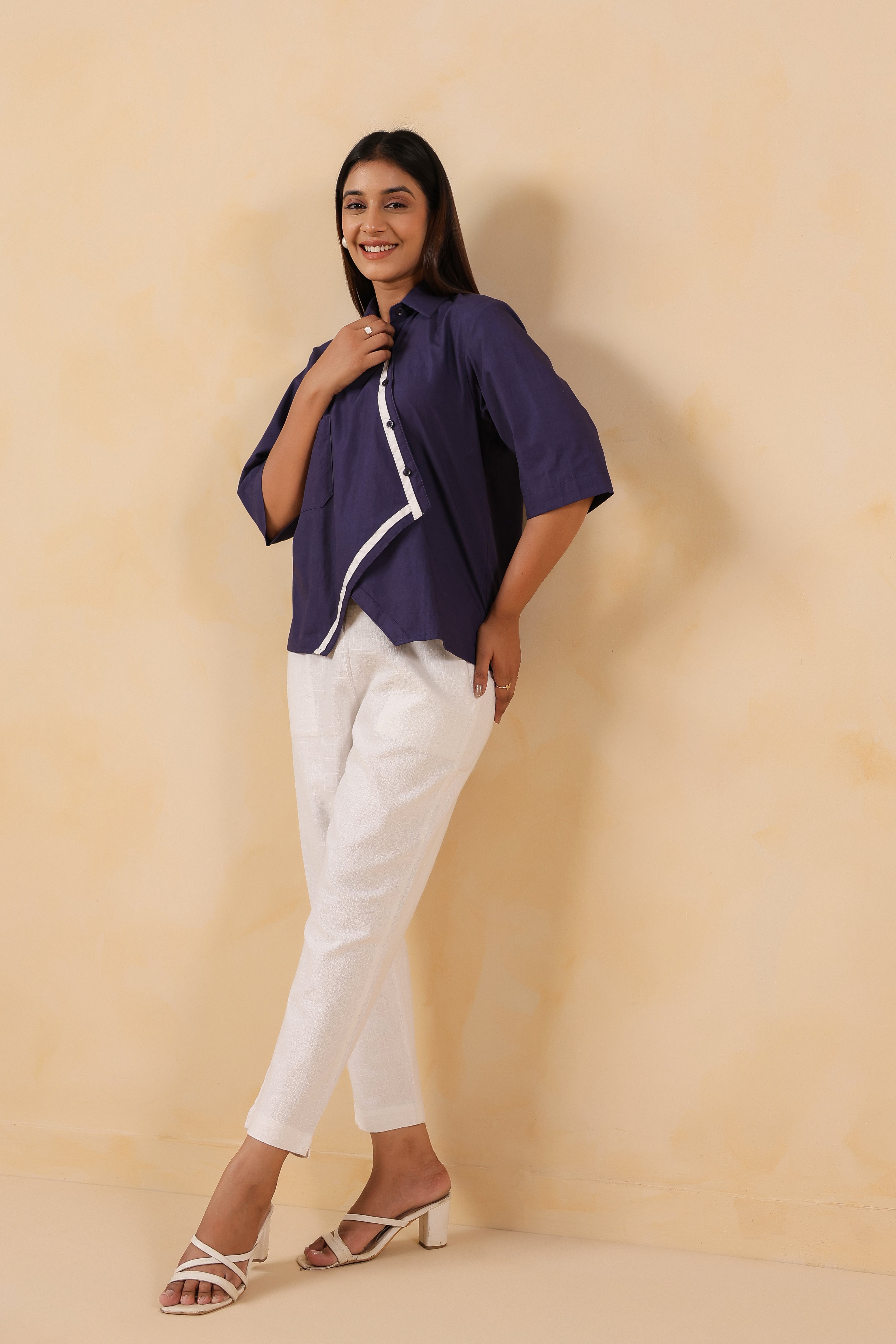 Navy Blue Cotton Overlap Shirt