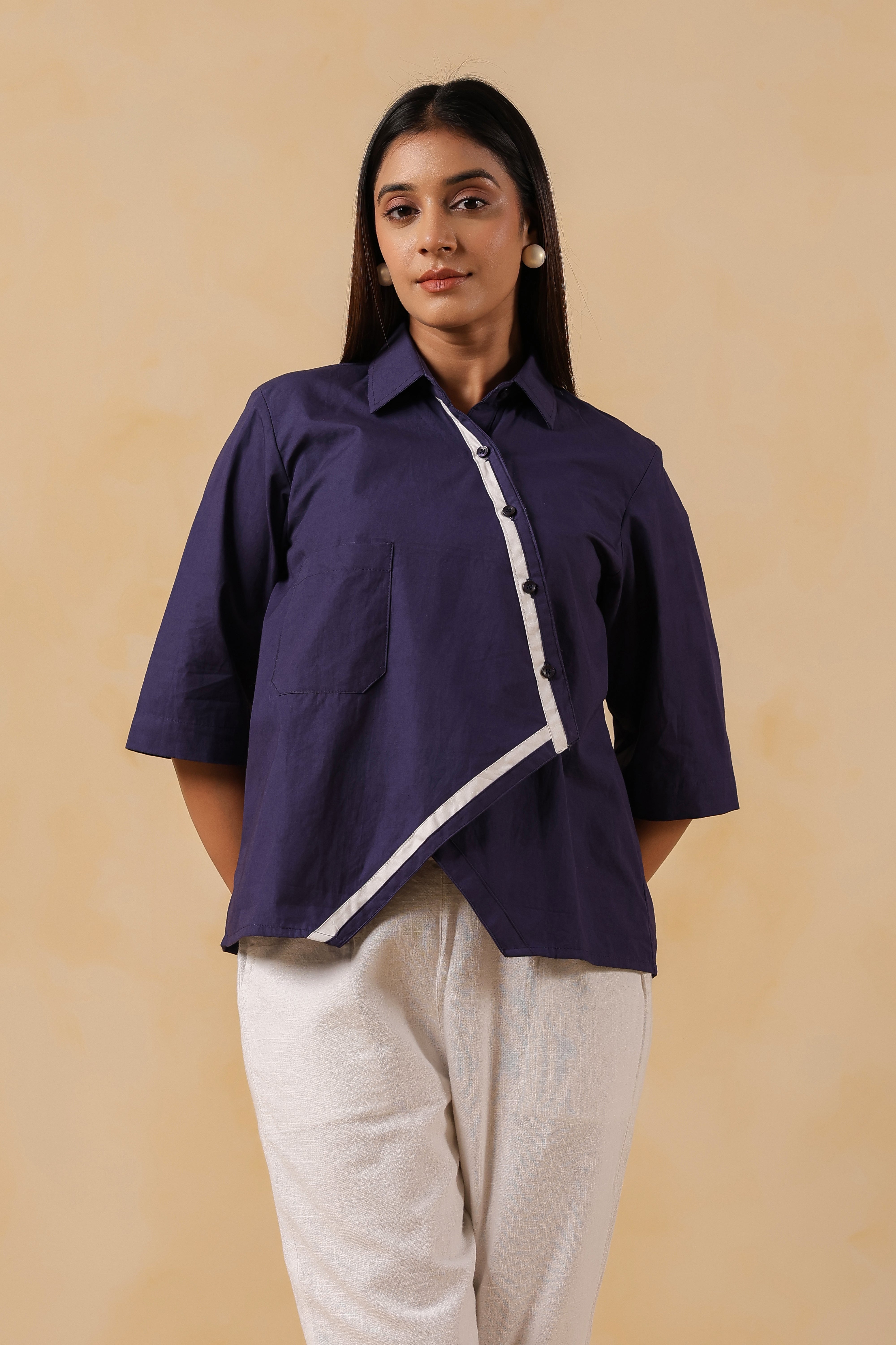 Navy Blue Cotton Overlap Shirt