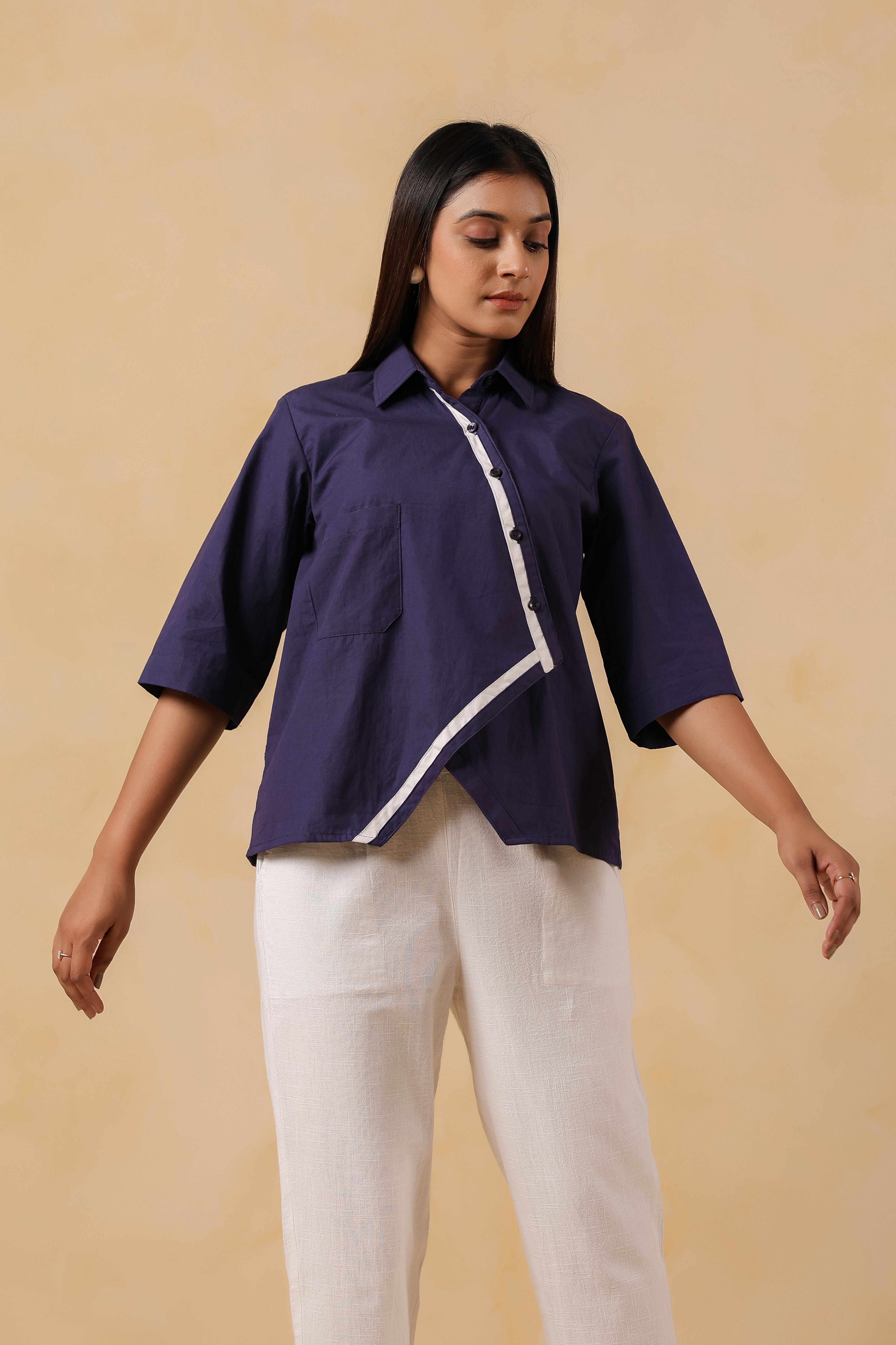 Navy Blue Cotton Overlap Shirt