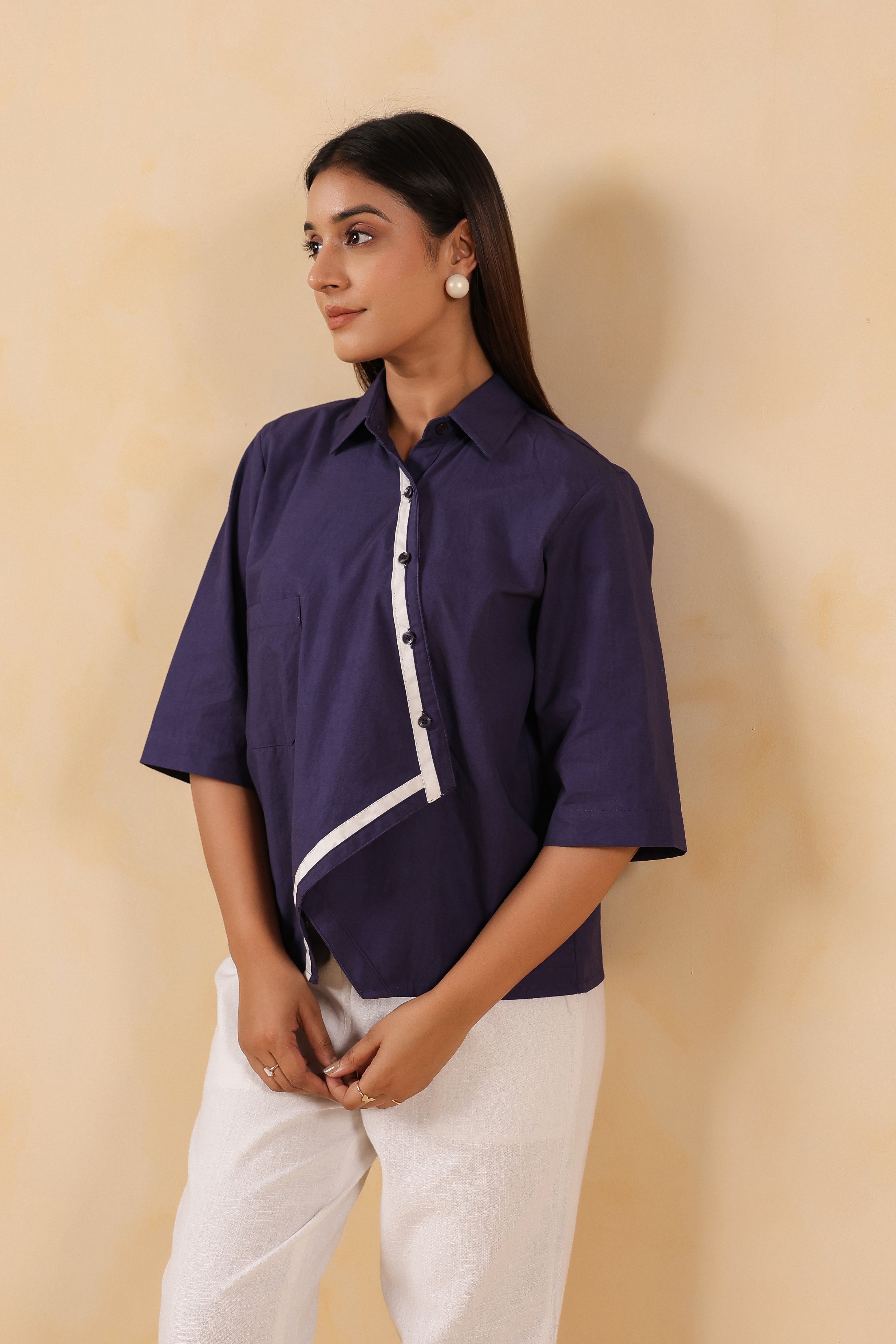 Navy Blue Cotton Overlap Shirt