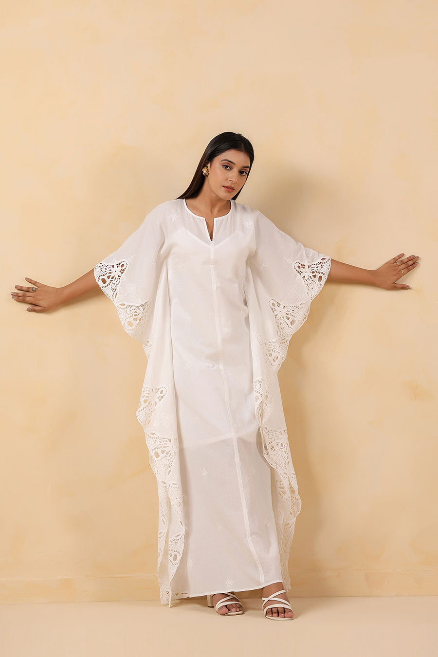 White Cotton Embroidered Kaftan Dress