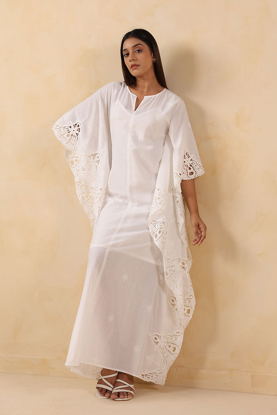 White Cotton Embroidered Kaftan Dress