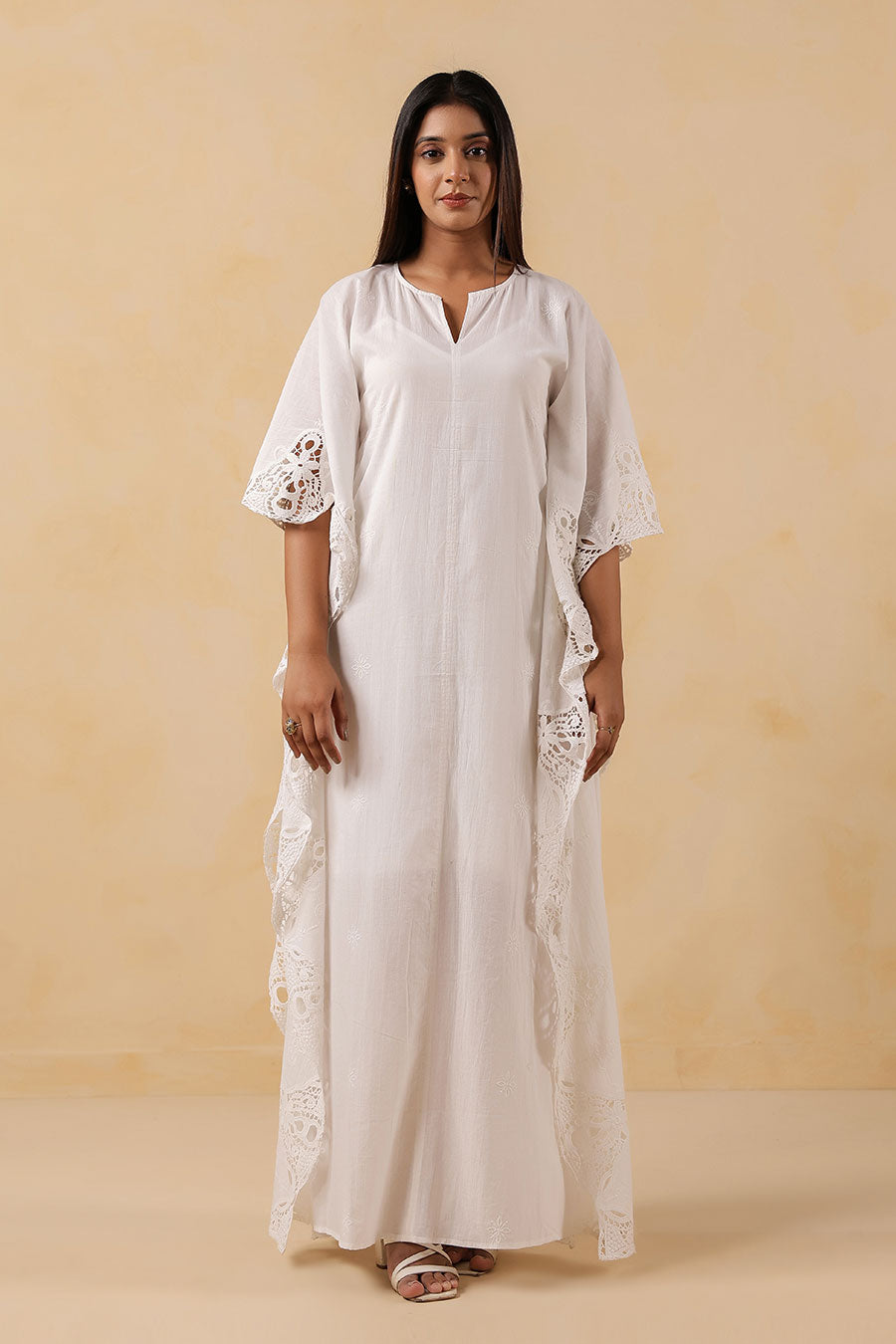 White Cotton Embroidered Kaftan Dress