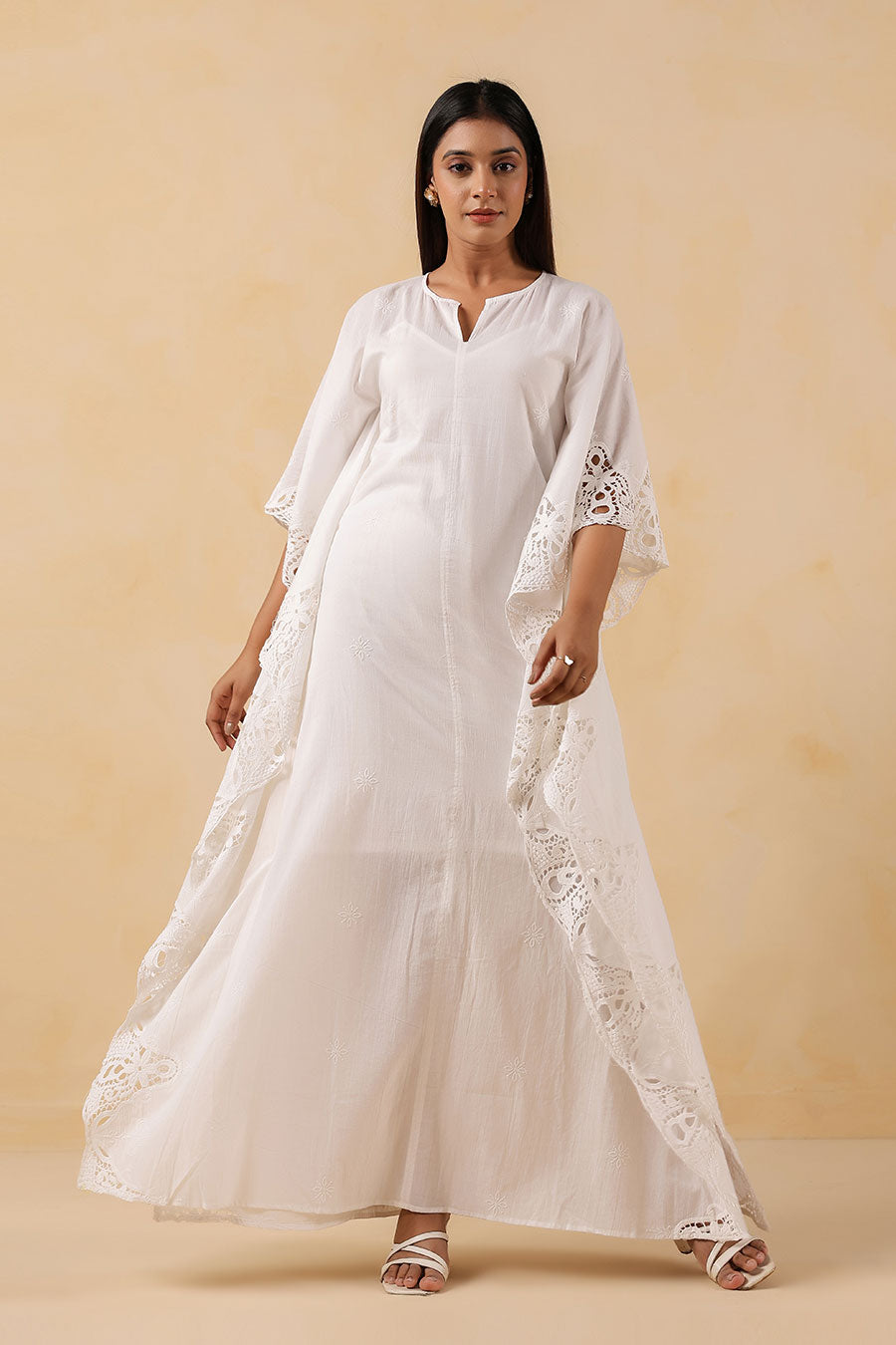 White Cotton Embroidered Kaftan Dress