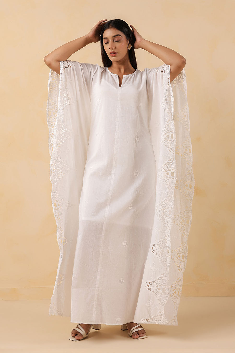 White Cotton Embroidered Kaftan Dress