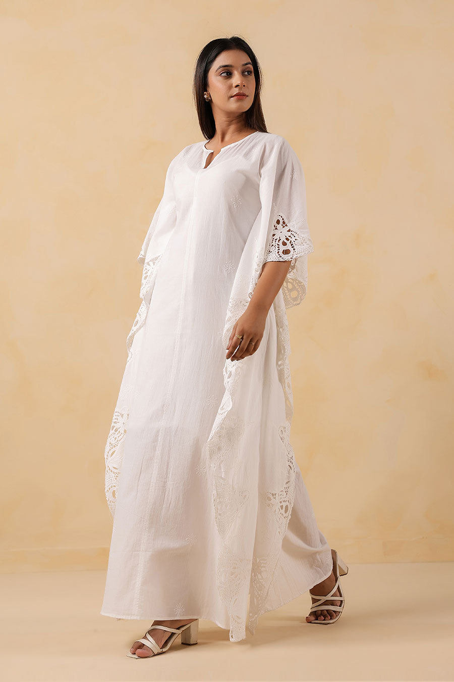 White Cotton Embroidered Kaftan Dress