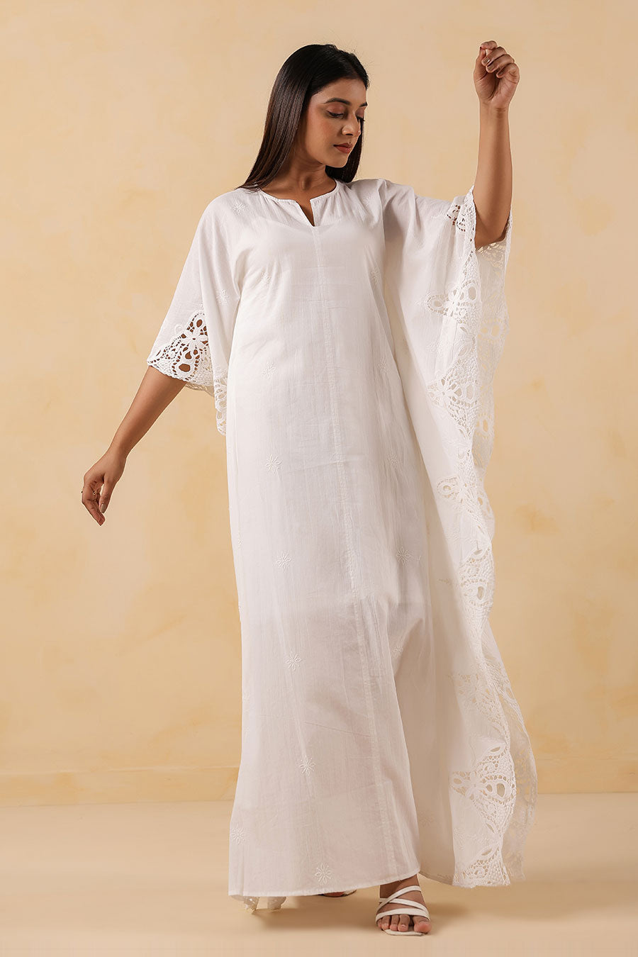 White Cotton Embroidered Kaftan Dress