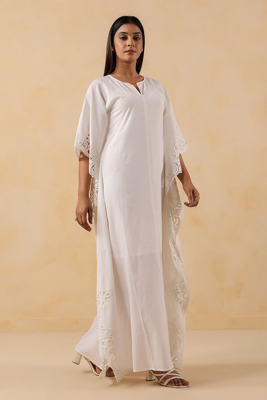 White Cotton Embroidered Kaftan Dress