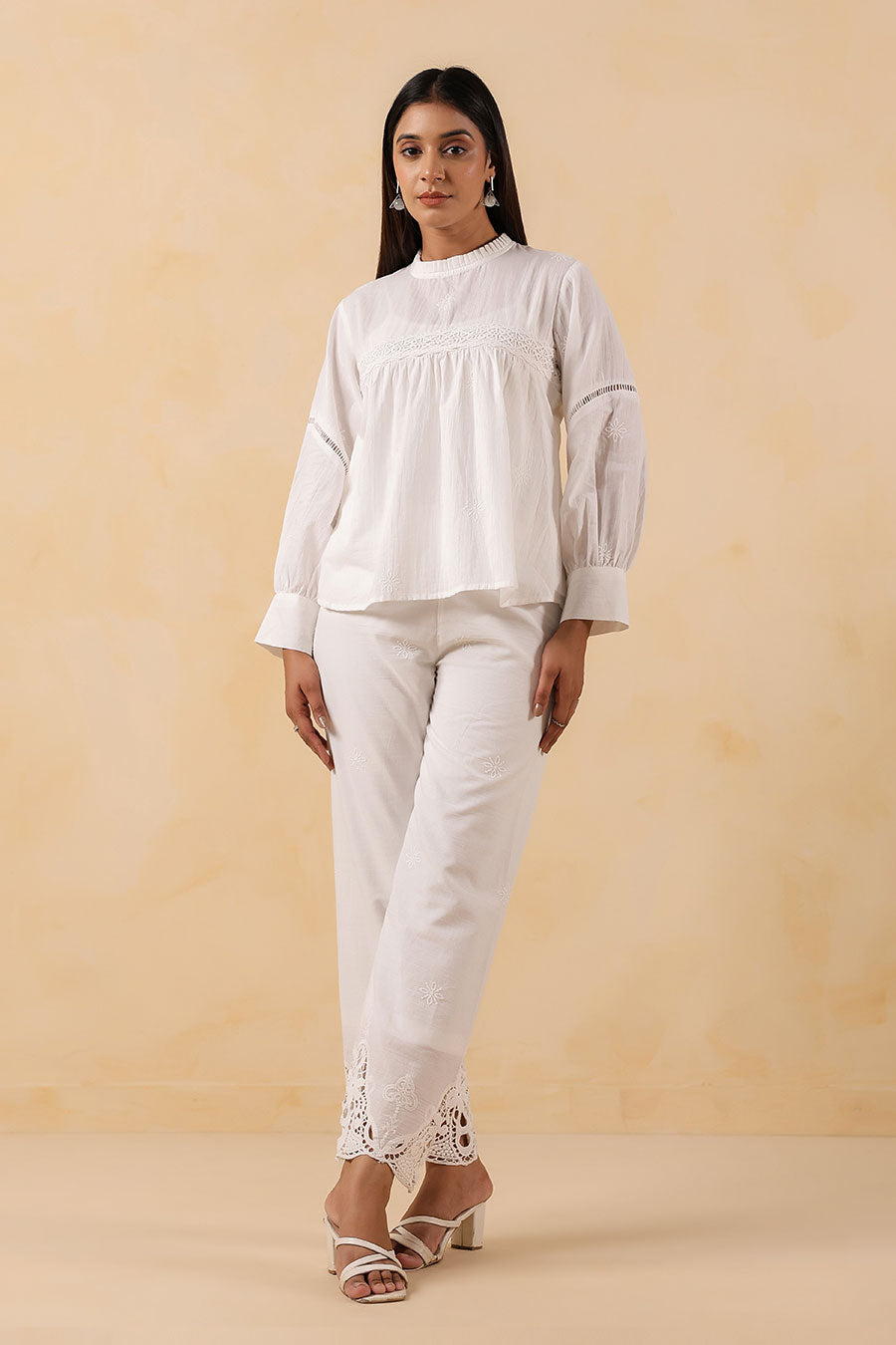 White Cotton Embroidered Pant
