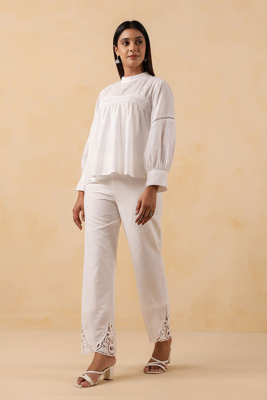White Cotton Embroidered Pant