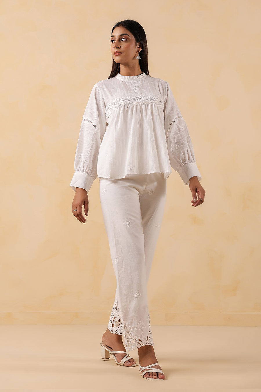 White Cotton Embroidered Pant