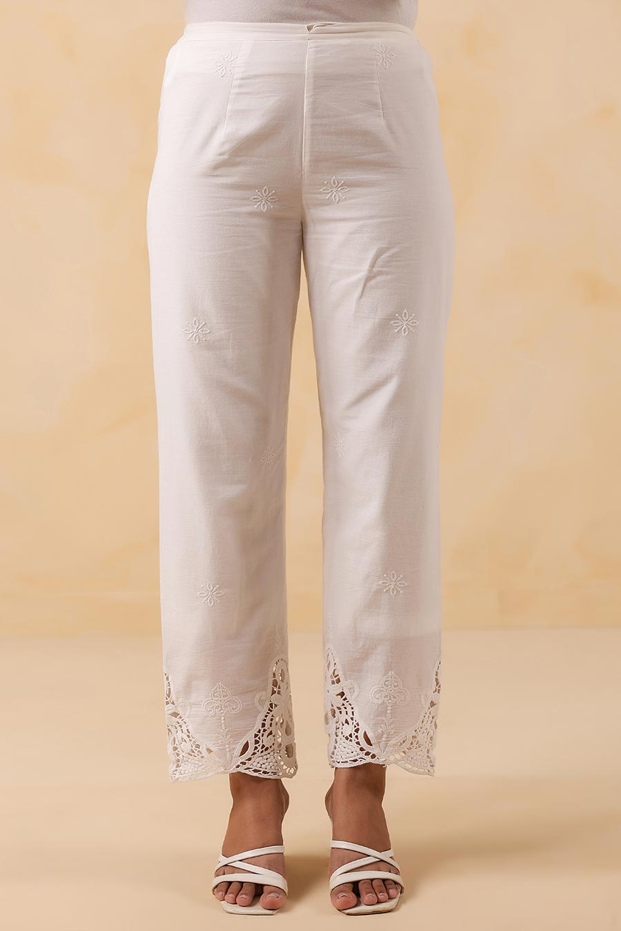 White Cotton Embroidered Pant