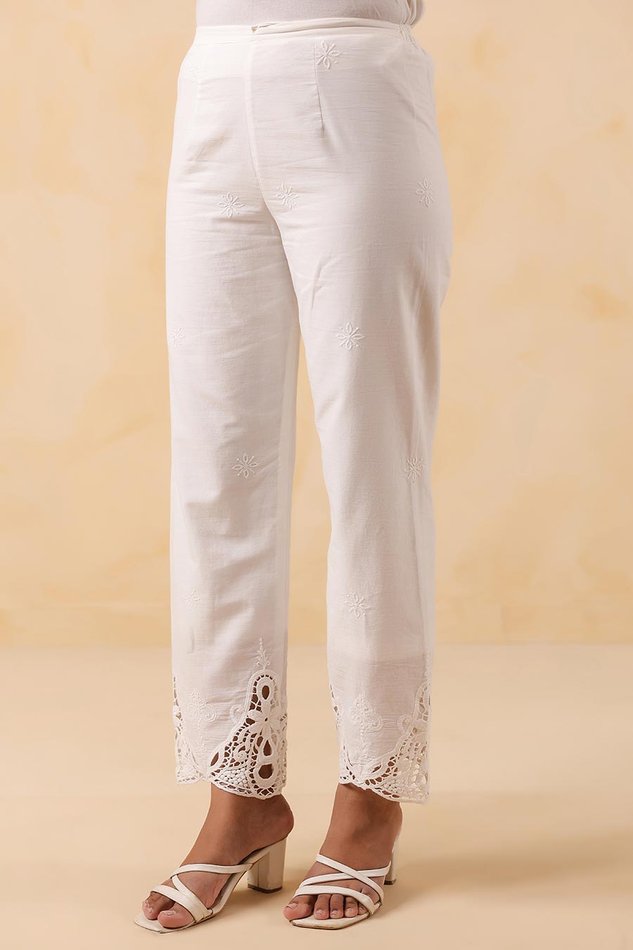 White Cotton Embroidered Pant