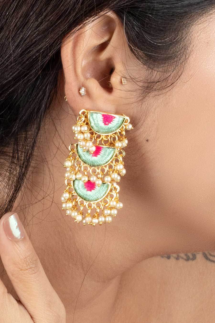 Mint & Pink Geometric Dangler Earrings