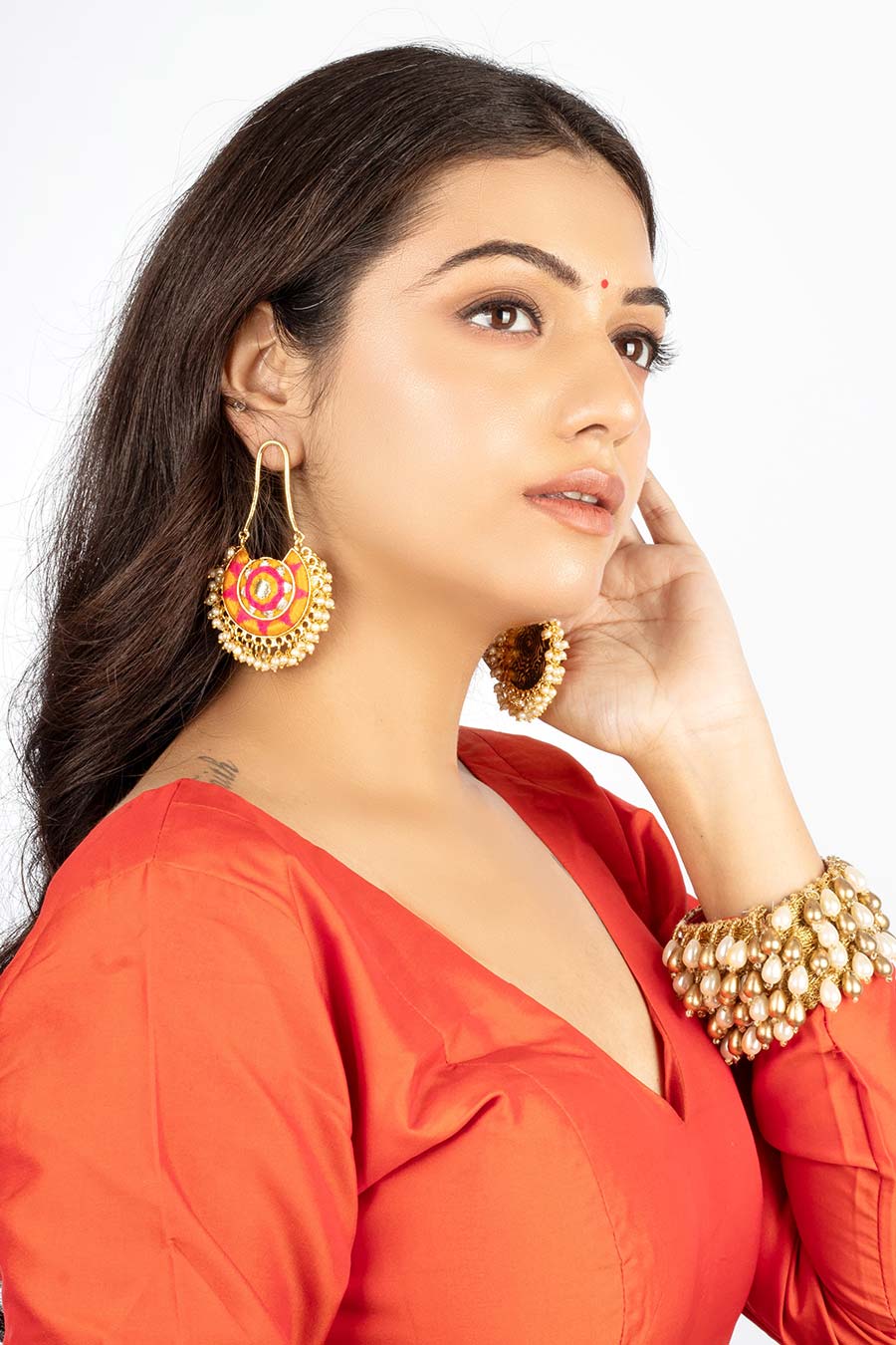 Yellow & Pink Embroidered Chandbali Earrings