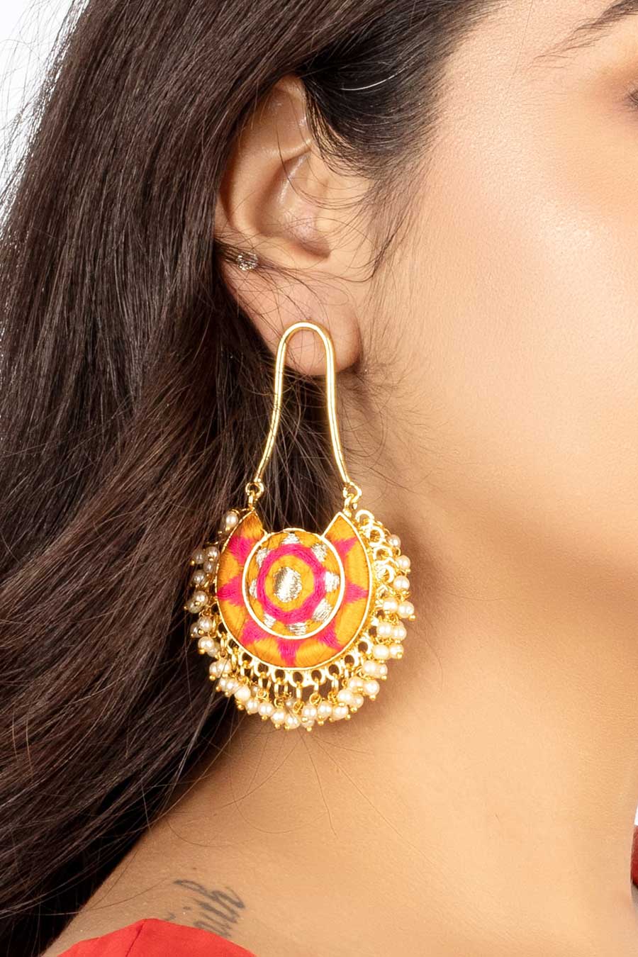 Yellow & Pink Embroidered Chandbali Earrings
