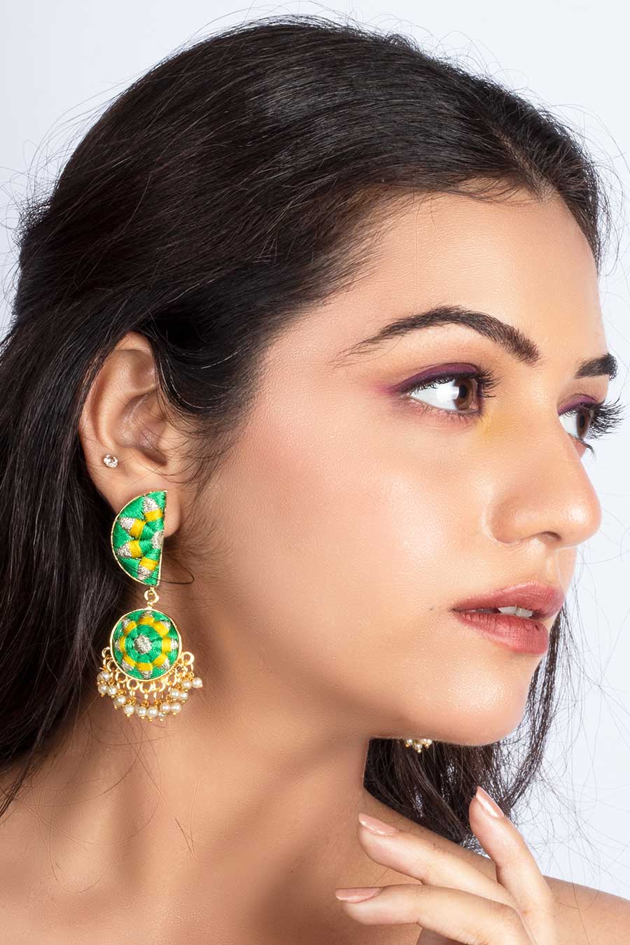Green Embroidered Gold Finish Earrings