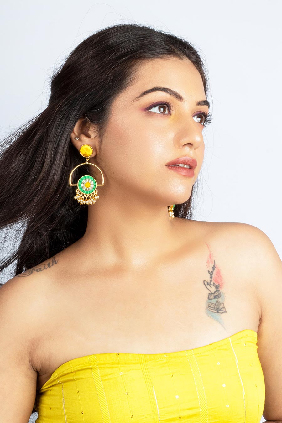 Pink & Green Silk Embroidered Round Earrings