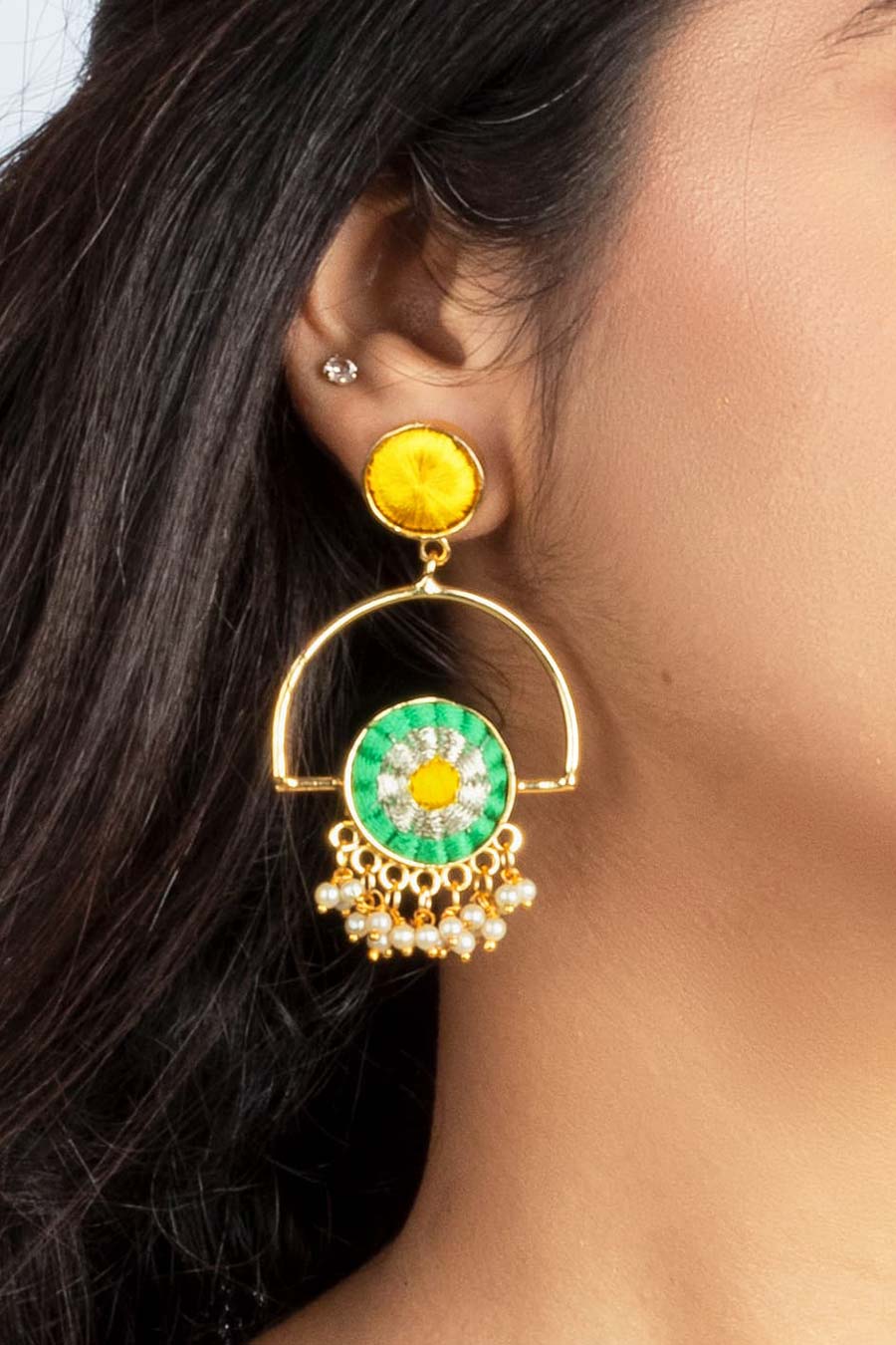 Pink & Green Silk Embroidered Round Earrings